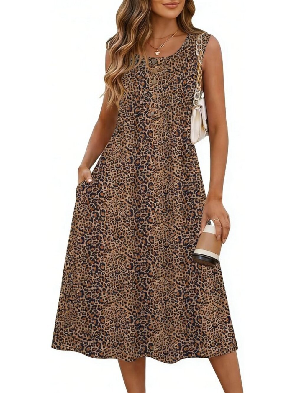 Women's Leopard Flowy Aline Casual Midi Tank Dress Beach Boho Vacation Sundress